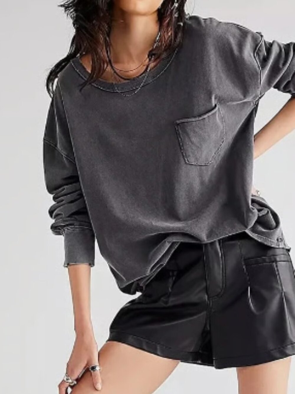 WE THE FREE PEOPLE FADE INTO YOU WASHED BLACK POCKET OVERSIZED TEE TOP NEW S/M